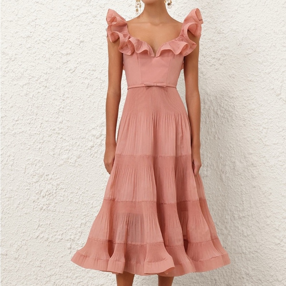 Zimmermann Pink Pleated Ruffled Midi Dress
